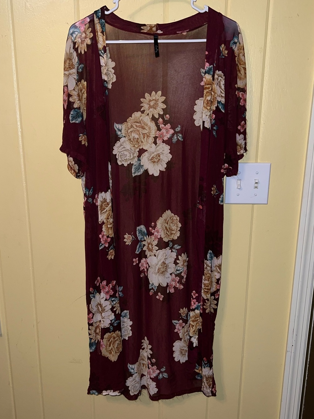 Shelly Burgundy Floral Kimono Sheer Wide Sleeve Duster Boho Oversized Size S - Picture 3 of 9